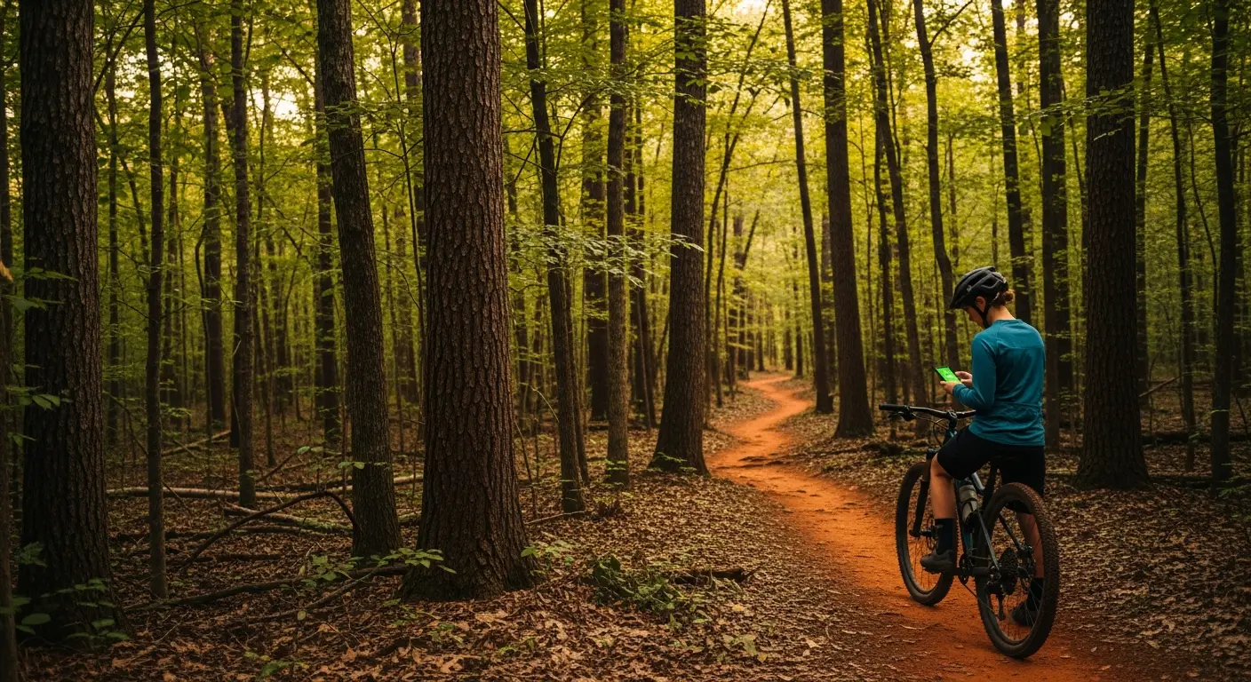 Mountain biker checking phone on a red clay singletrack trail
